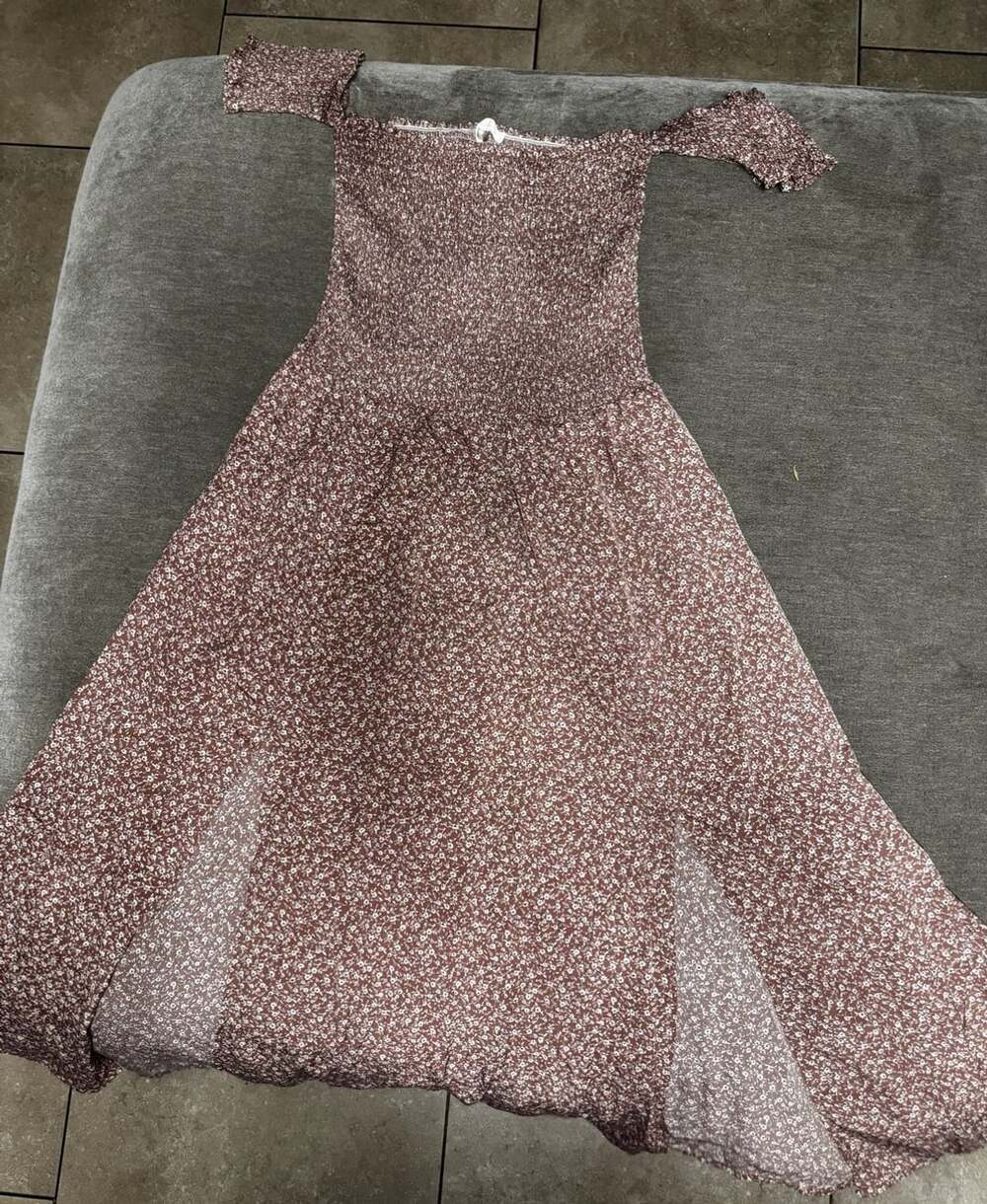 Lost Muse Brown Floral Off-Shoulder Smocked Bodice Side-Slit Maxi Dress